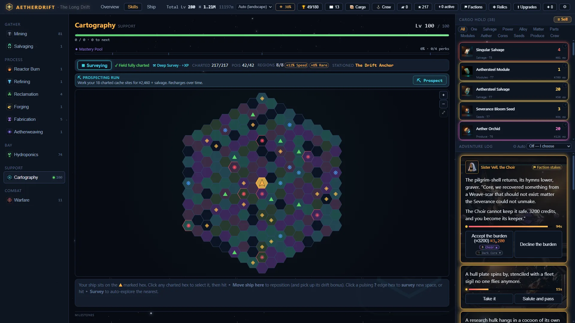 The Aetherdrift star chart — a hex map of the drift with a faction encounter in the Adventure Log
