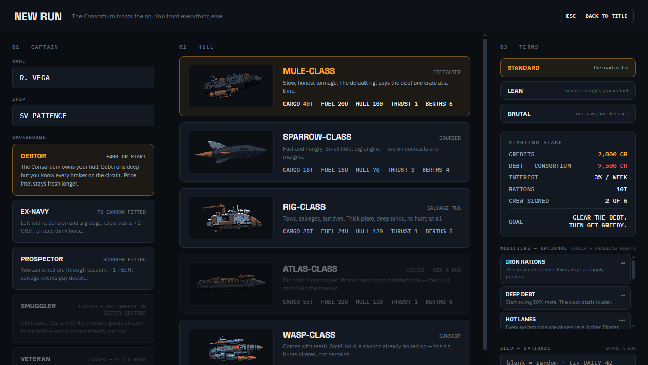 New run setup — captain background, hull, and run modifiers