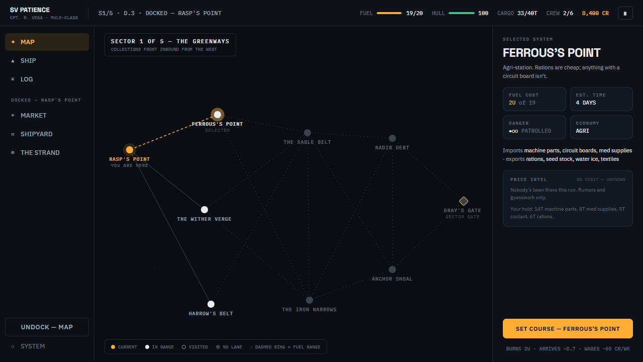 The galaxy map — five fuel-limited sectors with a collections front closing behind you
