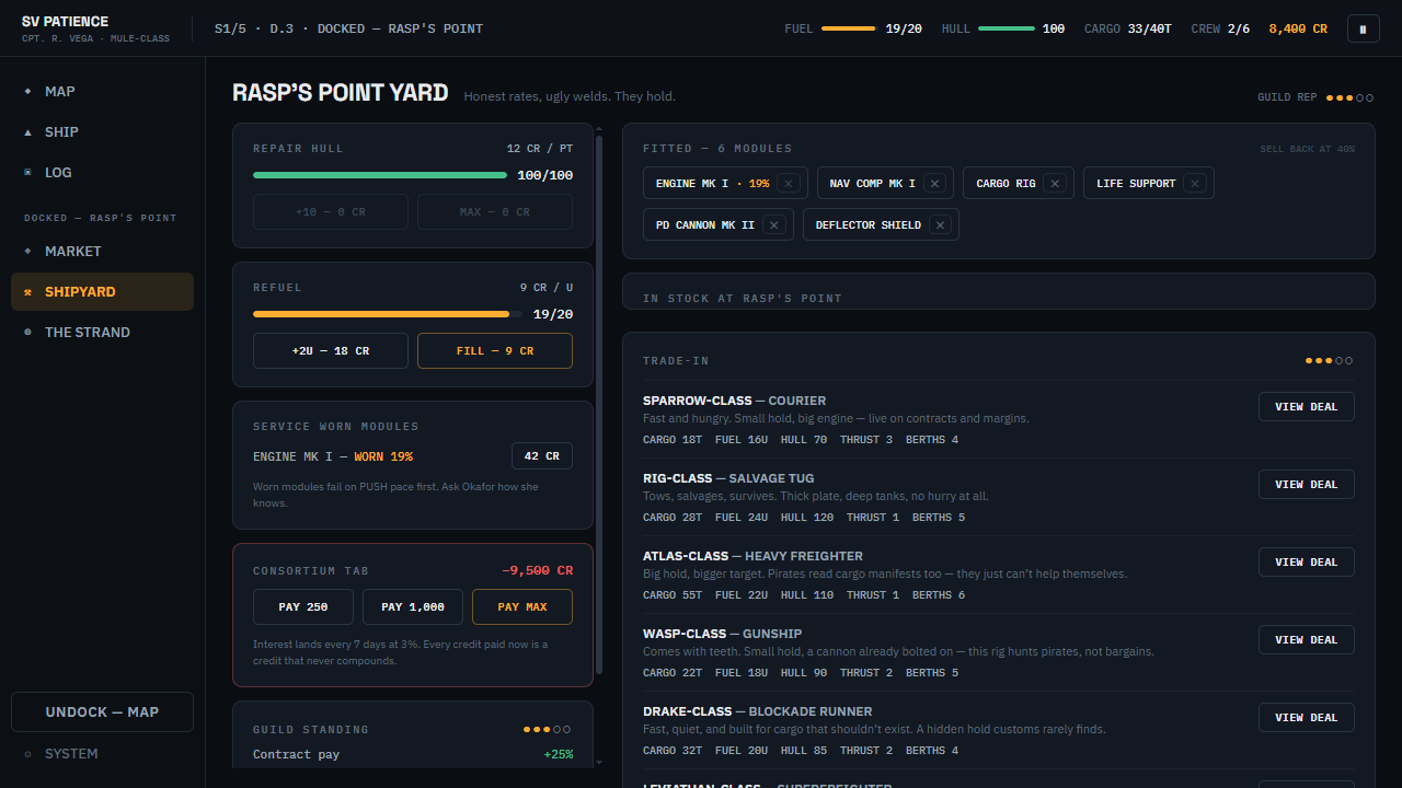The shipyard — repairs, refuel, upgrades, and the Consortium debt