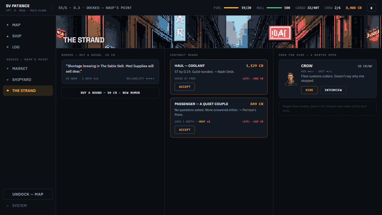The Strand — contracts, rumors, and crew for hire at the edge of the law