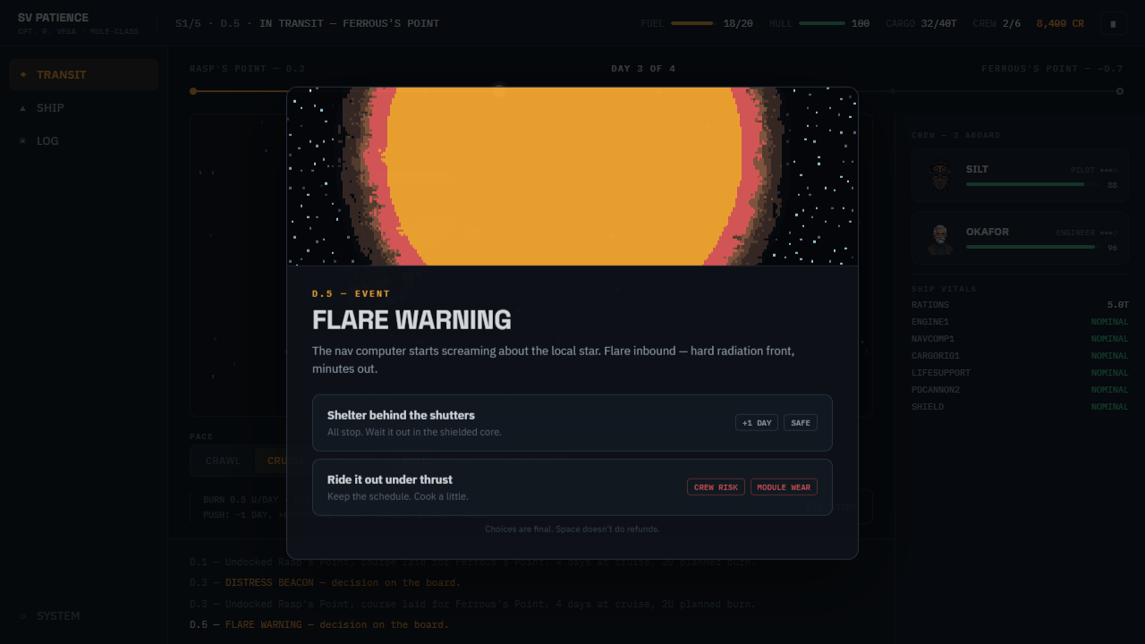 Mid-transit flare warning — shelter or push through