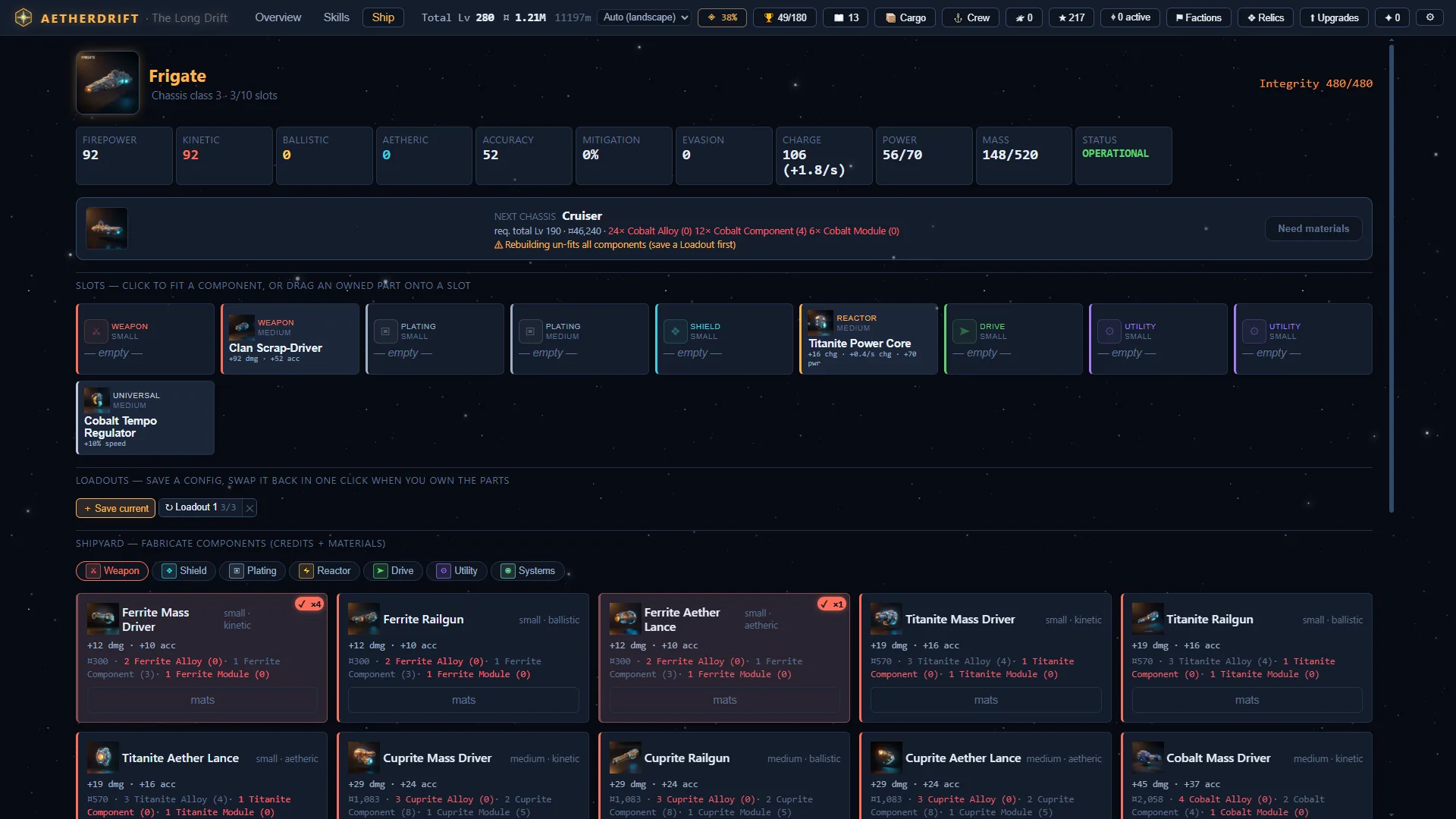 The Aetherdrift ship-building screen — chassis slots, stats and the shipyard