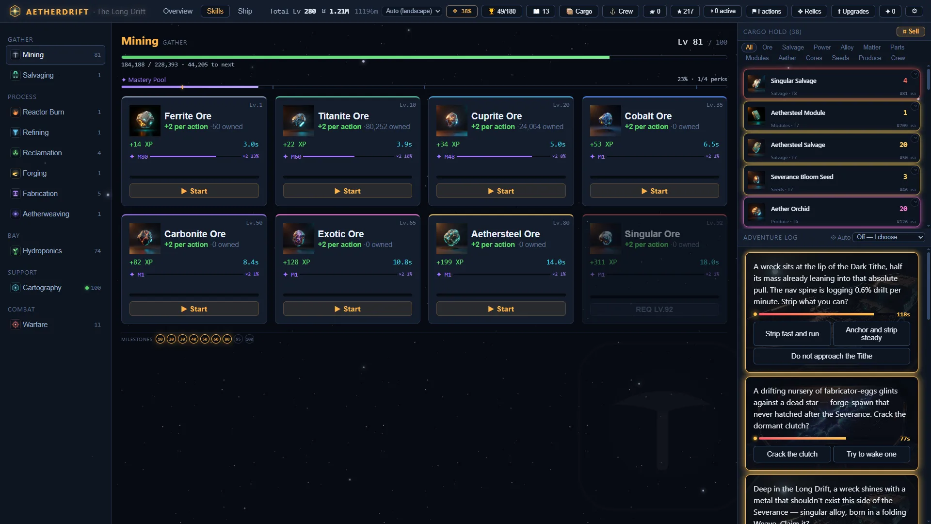 Skills — the three-zone dashboard: skill rail, action cards and the live Adventure Log